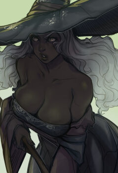 1girl bare_shoulders black_dress black_hat breasts collarbone commentary cowboy_shot dark-skinned_female dark_skin djcomps dress elden_ring elden_ring_nightreign english_commentary grey_hair hat highres large_breasts large_hat long_hair long_sleeves recluse_(elden_ring) shiny_skin simple_background skindentation solo teeth witch_hat