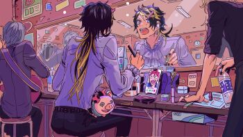 Rule 34 | 4boys, :o, aimono jyushi, applying makeup, ascot, bag, bangs pinned back, belt, black hair, black nails, black pants, black shirt, blonde hair, blue eyes, bottle, ceiling light, cellphone, clock, clothes rack, cosmetics, dressing room, ear piercing, earrings, electrical outlet, fangs, feet out of frame, frilled shirt collar, frilled sleeves, frills, from behind, grey hair, gumiuchi, hair ornament, hairclip, hand on table, harai kuko, highres, holding, holding bottle, holding brush, holding makeup brush, holding makeup palette, hypnosis mic, jewelry, leaning forward, leather, leather pants, long hair, looking at reflection, makeup brush, makeup palette, male focus, marker, mirror, multicolored hair, multiple boys, multiple piercings, multiple rings, nail polish, object on lap, object request, on stool, open mouth, pants, parted hair, phone, piercing, purple bag, red hair, reflection, ring, shirt, short hair, sitting, sleeves pushed up, smartphone, solo focus, standing, stool, streaked hair, studded belt, stuffed animal, stuffed pig, stuffed toy, sweatdrop, table, teeth, v-shaped eyebrows, video call, visual kei, wall clock, water bottle, white ascot, white shirt, wide-eyed, wireless earphones