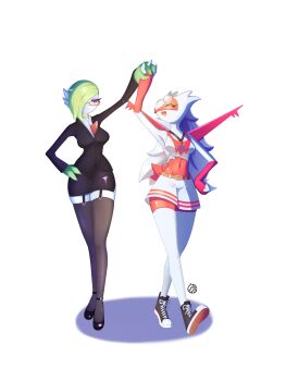 2girls ^_^ arm_up armpits artist_name asymmetrical_hair belt black_jacket black_shoes black_skirt black_thighhighs breasts closed_eyes closed_mouth collared_shirt colored_skin deva.png dragon_girl eyeshadow facing_another female_focus formal_clothes full_body furry furry_female gardevoir garter_straps gen_3_pokemon glasses green_hair green_skin hair_over_one_eye half-closed_eyes hand_on_own_hip happy highres holding_hands interlocked_fingers jacket jewelry latias legendary_pokemon legs long_hair long_legs long_sleeves makeup medium_breasts midriff miniskirt mole mole_under_eye multicolored_skin multiple_girls narrow_waist navel neck_ring nintendo office_lady one_eye_covered open_mouth orange-framed_eyewear pencil_skirt personification pokemon pokemon_(creature) purple_eyeshadow red_eyes red_shirt red_wings semi-rimless_eyewear shirt shoes short_hair short_shorts short_tail shorts signature simple_background skirt skirt_suit sleeveless sleeveless_shirt smile sneakers standing stomach suit tail thighhighs tied_shirt toes_up two-tone_skin white_background white_hair white_shirt white_shorts white_skin white_thighhighs wings