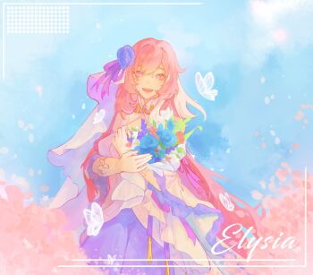 Rule 34 | 1girl, blue sky, bouquet, bridal veil, bug, butterfly, character name, cherry blossoms, diamond-shaped pupils, diamond (shape), dress, elysia (herrscher of human: ego) (honkai impact), elysia (honkai impact), flower, hashtag-only commentary, holding, holding bouquet, honkai (series), honkai impact 3rd, insect, long hair, looking at viewer, pink hair, purple eyes, rii1111r, sky, smile, solo, symbol-shaped pupils, veil, very long hair, vest, white dress, white vest