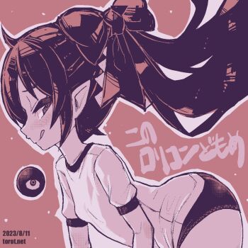 1girl :q ass backbeako_(torotei) backbeard bent_over blush breasts buruma commentary dated dated_commentary female_focus from_side gegege_no_kitarou gym_shirt hair_ribbon half-closed_eyes kono_lolicon_domome licking_lips loli long_hair looking_at_viewer monochrome original paid_reward_available pear-shaped_figure pointy_ears red_background ribbon shirt short_sleeves simple_background small_breasts smile solo symbol-only_commentary tongue tongue_out torotei translated twintails watermark web_address