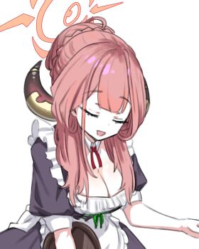 1girl absurdres alternate_costume apron aru_(blue_archive) black_dress blue_archive blunt_bangs braid braided_bun breasts cleavage commentary demon_horns detached_collar dress enmaided frilled_apron frills hair_bun halo highres holding holding_tray horns large_breasts maid neophyte pink_hair puffy_short_sleeves puffy_sleeves short_sleeves simple_background single_hair_bun solo tray white_apron white_background