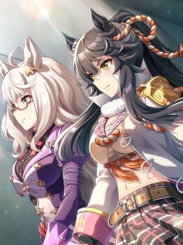 2girls absurdres ahoge animal_ears artist_request bandaid bandaid_on_face bandaid_on_nose belt belt_buckle biwa_hayahide_(pf._winning_equation...)_(umamusume) biwa_hayahide_(umamusume) black_gloves black_hair black_shirt black_skirt bow bowtie breasts brown_belt buckle buttons chest_sarashi cleavage closed_mouth coat collared_coat collared_shirt cowboy_shot crop_top cross day dress_shirt ear_ornament epaulettes eyelashes fur_scarf glasses gloves gold_buttons hair_between_eyes happy high_collar highres horse_ears horse_girl indoors juliet_sleeves lapel_pin lapels large_breasts light_blush light_particles light_rays long_hair long_sidelocks long_sleeves looking_ahead loose_hair_strand midriff miniskirt multiple_girls narita_brian_(maverick)_(umamusume) narita_brian_(umamusume) navel notched_lapels official_art open_clothes open_coat plaid_clothes plaid_skirt pleated_skirt pointy_nose ponytail puffy_sleeves purple_coat red-framed_eyewear red_bow red_bowtie rope sarashi scarf shimenawa shirt siblings sidelocks sisters skirt sleeve_cuffs smile sunlight swept_bangs tassel tsurime umamusume v-shaped_eyebrows walking white_coat white_hair white_scarf white_shirt yellow_eyes