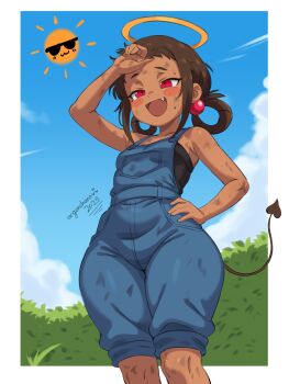 1girl :d argon-chan_(argonchann) argonchann arm_up armpit_crease bare_arms blue_overalls blue_sky blush_stickers border breasts brown_hair cloud commentary cowboy_shot dark-skinned_female dark_skin day demon_tail dirty dirty_clothes english_commentary fang halo hand_on_own_hip highres medium_hair open_mouth original outside_border overalls pear-shaped_figure red_eyes short_bangs sidelocks sky small_breasts smile solo sun sweat tail white_border wide_hips yellow_halo