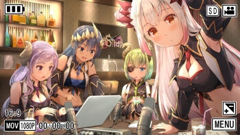 Rule 34 | 4girls, bandeau, bar (place), bare shoulders, between breasts, black collar, black shirt, black skirt, black sleeves, black vest, blue bandeau, blue eyes, blue hair, blue necktie, breasts, brown eyes, brown horns, cleavage, cleavage cutout, clothing cutout, collar, collared shirt, color-coded, commentary request, computer, cone hair bun, crop top, cropped shirt, cropped vest, cup, curled horns, dark-skinned female, dark skin, demon horns, demon tail, detached collar, detached sleeves, double-parted bangs, double bun, drinking straw, drinking straw in mouth, eyepatch, gold trim, gradient hair, green hair, green necktie, grey hair, hair bun, haniwa (leaf garden), highres, holding, holding cup, honey strap, horns, indoors, lace-trimmed sleeves, lace shirt, lace trim, lapels, laptop, large breasts, long hair, long sidelocks, long sleeves, looking at screen, looking at viewer, microphone, mole, mole under mouth, multicolored hair, multiple girls, nanashi inc., necktie, necktie between breasts, notched lapels, open clothes, open vest, parted bangs, pink hair, pink streaks, pleated skirt, pointy ears, purple eyes, purple hair, purple necktie, recording, red horns, red necktie, saionji mary, saionji mary (1st costume), sekishiro mico, sekishiro mico (1st costume), shimamura charlotte, shimamura charlotte (1st costume), shirt, short hair, side up bun, sidelocks, skirt, sleeveless, sleeveless shirt, spiked horns, studio microphone, suou patra, suou patra (1st costume), tail, tareme, tied shirt, tsurime, user interface, very long hair, vest, virtual youtuber