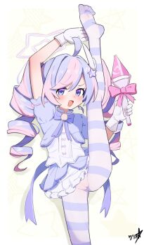 1girl absurdres blue_archive boppin commission gloves hair_ornament halo highres holding loli multicolored_hair official_alternate_costume open_mouth pantyhose pink_hair purple_eyes reisa_(blue_archive) reisa_(magical)_(blue_archive) solo split standing standing_on_one_leg standing_split star_(symbol) star_hair_ornament striped_clothes twintails variant_set white_gloves