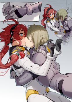 Rule 34 | 1boy, 1girl, ^^^, ahoge, aki663, black gloves, black hairband, blue eyes, bodysuit, brown hair, commentary request, elan ceres, gloves, gradient background, grey background, grey bodysuit, gundam, gundam suisei no majo, hair ornament, hairband, hetero, highres, hug, kiss, long hair, mecha pilot suit, multiple views, normal suit (gundam), open mouth, red hair, short hair, suletta mercury, sweatdrop, white bodysuit