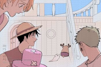 1girl 3boys antlers apologizing bird black_hair blue_sky commentary cross earrings green_hair hat holding holding_unworn_clothes holding_unworn_hat horns jewelry monkey_d._luffy multiple_boys nami_(one_piece) one_piece orange_hair pigeon pink_hat poop reindeer_antlers roronoa_zoro scottish_fold12 short_hair sky straw_hat tony_tony_chopper unworn_hat unworn_headwear