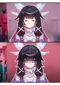 Rule 34 | 1girl, black hair, blush, bow, bright pupils, closed eyes, closed mouth, columbina (genshin impact), commentary request, dress, eye mask, facing viewer, genshin impact, gradient hair, hair ribbon, head wings, highres, long hair, looking at viewer, mask, meme, momotomi000, multicolored hair, outline, photo background, pink hair, purple eyes, purple hair, purple streaks, ribbon, smile, squid game, straight-on, streaked hair, upper body, white bow, white dress, white outline, white pupils, white ribbon, white wings, wings, year 1 &amp; year 2 (squid game) (meme)