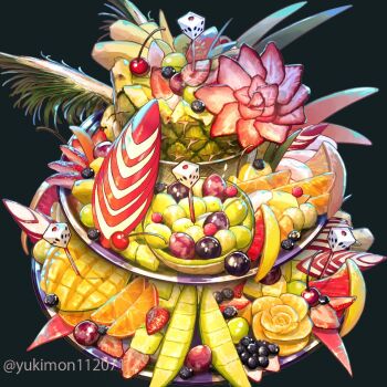 apple apple_slice berry black_background blueberry cherry commentary_request dice food fruit grapes mango melon melon_slice no_humans orange_(fruit) orange_slice original pineapple strawberry strawberry_slice yuki112071