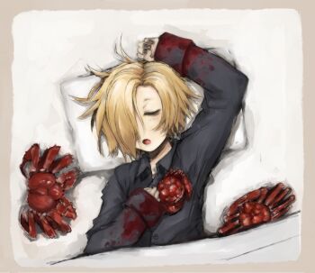 10s 1girl bags_under_eyes blonde_hair closed_eyes crab female_focus hair_over_one_eye highres idolmaster idolmaster_cinderella_girls long_sleeves lying ofuro_mantarou on_back open_mouth pajamas pale_skin shirasaka_koume short_hair sleeping sleeves_past_wrists solo