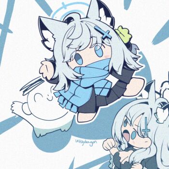 1boy ahoge animal_ear_fluff animal_ears aqua_scarf black_choker black_dress black_halo blue_archive blue_eyes blue_halo blue_scarf blush breasts broken_halo chibi choker cleavage cross cross_hair_ornament dark_halo doodle_sensei_(blue_archive) dress extra_ears gloves green_gloves grey_hair hair_between_eyes hair_ornament halo inverted_cross large_breasts long_hair looking_at_viewer mismatched_pupils scarf sensei_(blue_archive) shiroko_(blue_archive) shiroko_terror_(blue_archive) whitydragon wolf_ears wolf_girl