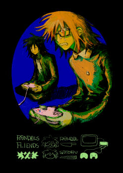 2boys absurdres black_background black_hair clenched_teeth commentary_request controller denpa_shougai english_text gakuran game_controller glasses highres holding holding_controller holding_game_controller jacket male_focus multiple_boys orange_hair playing_games randal's_friends randal_ivory school_uniform short_hair sitting sweat teeth tsukada_satoru