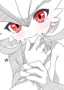 1girl absurdres artist_name blush bob_cut closed_mouth disembodied_hand female_focus fewer_digits gardevoir gen_3_pokemon greyscale hair_between_eyes hand_on_another's_chin happy highres holding_another's_arm light_blush looking_at_viewer monochrome nintendo own_hands_together pokemon pokemon_(creature) pov red_eyes ronaldor short_hair signature simple_background smile solo_focus split_mouth spot_color upper_body white_background