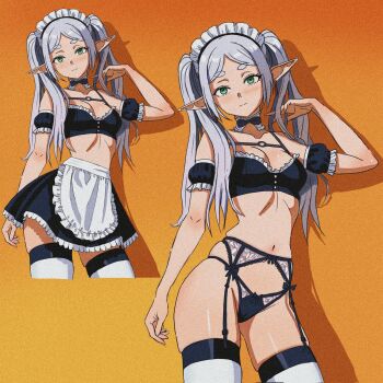 1girl alternate_costume apron armband black_armband black_bow black_bra black_panties black_skirt blush bow bow_panties bra breasts cameltoe closed_mouth collar collarbone commentary cowboy_shot detached_collar different_zoom_layer earrings elf english_commentary enmaided frieren frilled_apron frilled_armband frilled_collar frilled_skirt frills garter_belt gradient_background green_eyes grey_hair groin hand_up highres jewelry josival lingerie long_hair looking_at_viewer maid maid_apron maid_headdress navel o-ring o-ring_top orange_background paid_reward_available panties pointy_ears skindentation skirt small_breasts solo sousou_no_frieren string_panties teardrop_earrings thighhighs twintails unconventional_maid underwear waist_apron white_apron white_headdress white_thighhighs