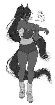 1girl animal_ears ankle_socks breasts commentary cornrows dark-skinned_female dark_skin english_commentary expressionless friesian_horse_girl full_body hair_between_eyes highres horse_ears horse_girl horse_tail knees kzupu large_breasts long_hair long_hair_between_eyes loose_socks muscular muscular_female original parted_lips ponytail shirt shoes short_shorts shorts simple_background sleeveless sleeveless_shirt sneakers socks solo sportswear standing stretching striped_clothes striped_socks tail thick_eyebrows thick_lips umamusume vertical-striped_clothes vertical-striped_socks very_dark_skin very_long_hair vest white_background