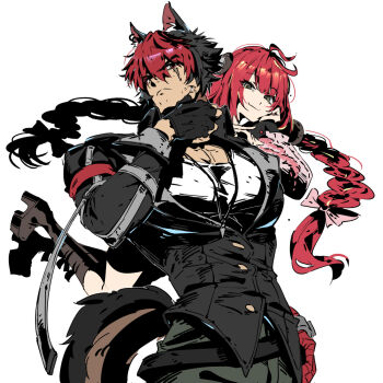 1boy 1girl amalgam4242 animal_ear_fluff animal_ears black_gloves black_hair black_jacket black_sailor_collar boots braid braided_twintails brown_boots cardigan cargo_pants closed_mouth dog_boy dog_ears dog_tail fingerless_gloves gloves green_eyes green_pants hair_between_eyes hair_ornament hair_ribbon hand_on_own_face hashtag-only_commentary highres jacket komano_manato long_hair looking_at_viewer multicolored_hair multiple_scars muscular muscular_male pants pectorals pink_cardigan red_bandage red_eyes red_hair ribbon sailor_collar scar scar_across_eye scar_on_face shirt short_hair smile sphere_hair_ornament tail ukinami_yuzuha white_background white_shirt wiping_face zenless_zone_zero