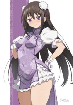 1girl akemi_homura black_hair blush bow breasts bun_cover china_dress chinese_clothes commentary_request covered_navel double_bun dress floral_print frilled_dress frills gloves hair_bun highres juliet_sleeves long_hair long_sleeves looking_at_viewer mahou_shoujo_madoka_magica mahou_shoujo_madoka_magica_(anime) medium_breasts nagare_(flow) print_dress puffy_sleeves purple_dress purple_eyes ribbon road smile solo street thick_thighs thighs two-tone_background