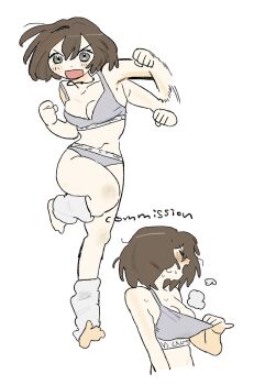 Rule 34 | 1girl, commission, full body, isoi00, multiple views, original, pulling own clothes, sports bikini, sports bra, sweat, white background