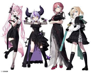 Rule 34 | 4girls, animal ears, asymmetrical legwear, bare shoulders, black dress, black gloves, black shoes, black socks, black thighhighs, blonde hair, demon girl, demon horns, dress, fishnet thighhighs, fishnets, fox ears, fox girl, fox tail, full body, gloves, grey hair, grey pantyhose, hakui koyori, half gloves, hand up, hands up, high heels, holding, holding sword, holding weapon, hololive, horns, index finger raised, karo (karohroka), kazama iroha, kneehighs, la+ darknesss, long hair, looking at viewer, mismatched legwear, multicolored hair, multiple girls, official art, one eye closed, pantyhose, pink hair, ponytail, purple hair, shoes, simple background, smile, socks, standing, standing on one leg, streaked hair, sword, tail, takane lui, thighhighs, virtual youtuber, weapon, white background, yellow eyes