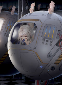 1girl absurdres arms_behind_back barefoot bdsm bondage bound breasts censored check_translation chinese_text cipozhong_yundepeitela clara_(honkai:_star_rail) collar commentary_request female_focus highres honkai:_star_rail honkai_(series) legs_up loli long_hair mosaic_censoring mouth_tube nose_tube red_eyes restrained sex_machine soles solo_focus spread_legs stationary_restraints translated translation_request very_long_hair white_hair