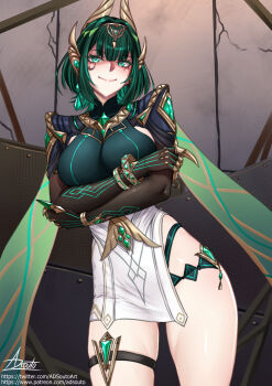 1girl adsouto bracelet breasts claw_ring crossed_arms earrings eye_tattoo genshin_impact green_eyes green_hair headpiece highres jewelry mark_under_eye medium_breasts mole mole_under_eye nefer_(genshin_impact) signature smile solo tattoo thigh_strap variant_set