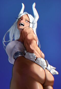 1girl absurdres animal_ear_fluff animal_ears arms_behind_back ass blue_background boku_no_hero_academia breasts commentary_request cowboy_shot dark-skinned_female dark_skin fangs from_behind from_below gloves hand_on_own_arm highres leotard long_eyelashes long_hair looking_up ly_7317 medium_breasts mirko muscular muscular_female open_mouth rabbit_ears rabbit_girl rabbit_tail red_eyes simple_background solo standing tail teeth turning_head white_gloves white_hair white_leotard