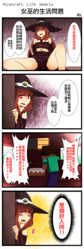 1boy 1girl at2. cake cake_(minecraft) comic food hand_on_own_stomach hat highres minecraft mob_talker steve_(minecraft) translation_request witch_(minecraft) witch_hat
