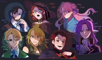 3girls 4boys alternate_costume androgynous blonde_hair blue_eyes braid braided_sidelock brown_eyes brown_hair character_name character_request check_character double_bun dress empires_smp english_text falsesymmetry falsesymmetry_(cogsmeade) flower formal_clothes gem geminitay geminitay_(wizard) green_eyes hair_bun hair_flower hair_ornament hat highres humanization in-franchise_crossover kisekiii_25 ldshadowlady ldshadowlady_(ocean_queen) long_hair medium_hair minecraft_youtube multiple_boys multiple_girls mythicalsausage mythicalsausage_(lord) one_eye_closed pink_hair pixlriffs pixlriffs_(archaeologist) pointy_ears ponytail purple_eyes purple_hair scar seven_deadly_sins short_hair single_hair_bun solidaritygaming solidaritygaming_(codfather) very_long_hair vest xornoth