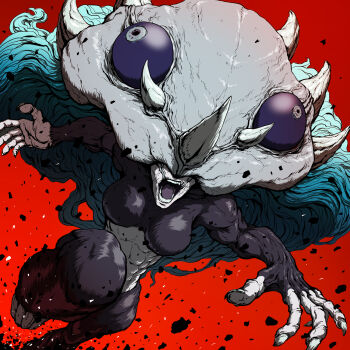 Rule 34 | 1girl, 3ch graphics, abs, alternate form, angry, aqua hair, breasts, bulging eyes, debris, dinosaur horns, highres, horns, jujutsu kaisen, large breasts, long hair, multiple horns, open mouth, panda (jujutsu kaisen), red background, solo, toned, toned female, triceratops