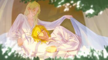 1boy 1girl alternate_costume blonde_hair blue_eyes blurry blurry_foreground closed_eyes collarbone collared_shirt commentary couple cover depth_of_field dimitri_alexandre_blaiddyd dress edelgard_von_hresvelg english_commentary fire_emblem fire_emblem:_three_houses from_side grass hetero highres long_hair long_sleeves lying lying_on_person messy_hair mlkywy nightgown nintendo on_side outdoors parted_bangs purple_eyes shade shirt sitting sunlight upper_body white_nightgown window_shadow