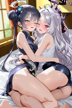 2girls absurdres ahoge ass bare_legs barefoot bed black_bow black_hair black_halo black_skirt blue_archive blush bow breasts butterfly_hair_ornament china_dress chinese_clothes curtains demon_girl demon_horns double_bun dress grey_eyes grey_halo hair_bow hair_bun hair_ornament halo highres hina_(blue_archive) horns hug indoors interlocked_legs kisaki_(blue_archive) loli long_hair looking_at_viewer mokyukyu_2339 multiple_girls on_bed one_eye_closed panties purple_eyes revision sitting skirt small_breasts thighs tree underwear white_hair window window_light yuri