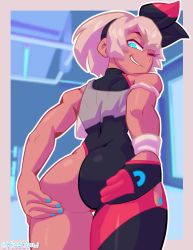 1girl animated artist_name ass ass_support bare_shoulders bea_(pokemon) black_gloves black_leotard black_ribbon blue_eyes blue_nails bodysuit bouncing_ass camisole cowboy_shot dark-skinned_female dark_skin eyebrows eyelashes female_focus fingernails from_behind from_below gloves grabbing_own_ass grey_camisole grey_hair grin hair_ribbon highres indoors kissclaw leotard looking_at_viewer looking_back looking_down looping_animation multicolored_leotard muscular muscular_arms muscular_male nail_polish nintendo one_eye_closed orange_gloves orange_leotard pokemon pokemon_swsh ribbon short_hair single_glove smile solo teeth thigh_gap tomboy two-tone_gloves two-tone_leotard video wink