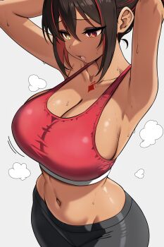 1girl absurdres armpits arms_up black_hair black_pants breasts cleavage collarbone dark-skinned_female dark_skin heterochromia highres large_breasts multicolored_hair navel open_mouth original pants red_eyes red_hair scrapy simple_background solo sports_bra sportswear steam streaked_hair sweat tattoo tsumugi_kelissa_(scrapy) white_background yellow_eyes yoga_pants