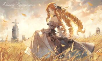Rule 34 | 1girl, absurdres, bare shoulders, black bow, black choker, black ribbon, blonde hair, bow, check copyright, choker, closed mouth, cloud, cloudy sky, copyright request, dress, drill hair, drill sidelocks, field, flower, grass, green eyes, hair flower, hair ornament, hair ribbon, highres, ke song da ren ye, long hair, long sleeves, looking at viewer, looking back, off-shoulder dress, off shoulder, orange hair, outdoors, parted bangs, pointy ears, ribbon, ringlets, sidelocks, sigrika (wuthering waves), sky, smile, solo, standing, strapless, strapless dress, very long hair, watermark, wheat, white dress, white flower, wuthering waves