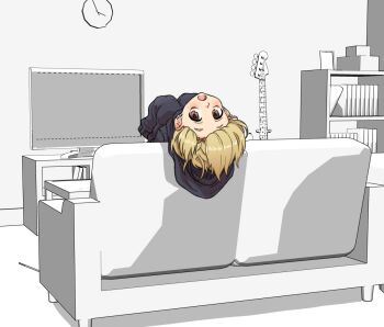 10s 1girl 3d blonde_hair bookshelf brown_eyes clock couch ear_piercing female_focus gazacy_(dai) guitar hands_in_opposite_sleeves hood hoodie idolmaster idolmaster_cinderella_girls indoors instrument living_room looking_at_viewer looking_back partially_colored piercing shirasaka_koume sitting solo television upside-down