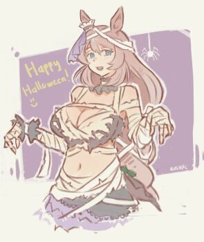 1girl animal_ears applecusturd_2 bandage_on_hair bandaged_arm bandaged_hand bandaged_head bandaged_torso bandages bandeau bare_shoulders blue_eyes blush breasts brown_hair bug cleavage commentary ear_scrunchie english_commentary hair_between_eyes halloween halloween_costume highres horse_ears horse_girl horse_tail large_breasts long_hair looking_at_viewer mummy_costume navel official_alternate_costume open_mouth purple_bandeau smile solo spider stomach super_creek_(chiffon-wrapped_mummy)_(umamusume) super_creek_(umamusume) tail torn_bandages torn_bandeau umamusume very_long_hair