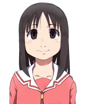 Rule 34 | 1girl, azumanga daioh's school uniform, azumanga daiou, black hair, brown eyes, close-up, collarbone, commentary, eyelashes, hatching (texture), kasuga ayumu, light smile, looking at viewer, medium hair, morichan, neck ribbon, pink ribbon, pink serafuku, pink shirt, portrait, ribbon, sailor collar, school uniform, serafuku, shirt, simple background, smile, solo, speech bubble, straight-on, white background, white sailor collar, winter uniform