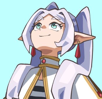 1girl blue_sky capelet commentary earrings elf english_commentary frieren gold_trim green_eyes grey_hair hair_over_shoulder head_back highres jewelry long_pointy_ears looking_up meme notus_49 parted_bangs pointy_ears shirt simple_background sky smile solo sousou_no_frieren striped_clothes striped_shirt teardrop_earrings thick_eyebrows twintails upper_body upward_angle_frieren_drawing_(meme) white_capelet