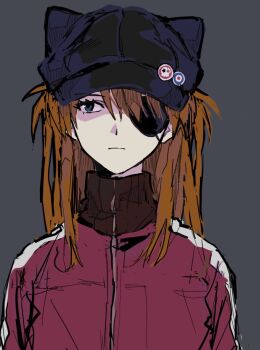 1girl animal_hat blue_eyes brown_hair cat_hat closed_mouth commentary_request evangelion:_3.0_you_can_(not)_redo eyepatch hat highres jacket neon_genesis_evangelion one_eye_covered rebuild_of_evangelion red_jacket short_hair solo souryuu_asuka_langley takuanoisi upper_body zipper