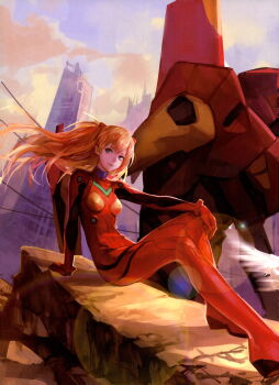 Rule 34 | 1girl, absurdres, ask (askzy), bird, blue eyes, building, cloud, highres, long hair, neon genesis evangelion, orange hair, sitting, sky, smile, souryuu asuka langley