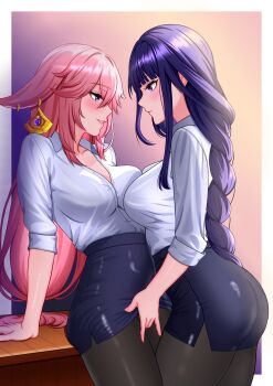 2girls absurdres animal_ears black_pantyhose black_skirt braid breasts clothes_lift collared_shirt commentary earrings eye_contact fingering fingering_through_clothes fox_ears genshin_impact hector_ruiz highres jewelry large_breasts long_hair looking_at_another multiple_girls office_lady pantyhose parted_lips pencil_skirt pink_hair purple_eyes purple_hair raiden_shogun shirt single_braid skirt skirt_lift smile through_clothes white_shirt yae_miko yuri