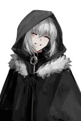 Rule 34 | 1girl, black cape, blush, cape, closed eyes, fate (series), fur-trimmed cape, fur trim, gray (fate), grey hair, grin, hair between eyes, highres, hood, hood up, hooded cape, lord el-melloi ii case files, short hair, sidelocks, simple background, smile, solo, sprit brry, teeth, white background