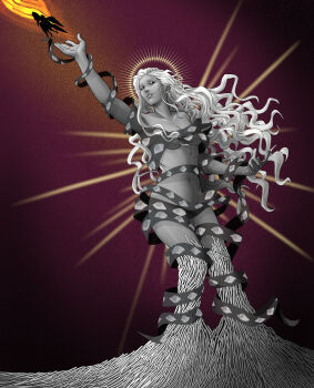 1boy 1girl arm_up black_sclera breasts cleavage colored_sclera flying giant giantess highres long_hair looking_at_another messy_hair naked_ribbon navel princess_(slay_the_princess) rainsquall ribbon slay_the_princess smile the_apotheosis_(slay_the_princess) the_hero_(slay_the_princess) white_hair