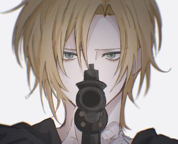 1boy absurdres aiming aiming_at_viewer arms_up ash_lynx banana_fish black_shirt blonde_hair commentary_request fingernails green_eyes gun highres holding holding_gun holding_weapon looking_at_viewer male_focus medium_hair sanpaku shirt solo weapon white_background yo_utuitai