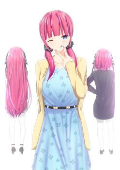 1girl back blinking blue_dress blue_eyes braid breasts coat collarbone dress flashback go-toubun_no_hanayome hair_ornament hairclip hand_on_own_chin hand_on_own_face highres jacket kneehighs large_breasts long_hair looking_at_viewer nagi_ia13 nail_art nail_polish one_eye_closed red_hair school_uniform short_hair signature simple_background socks solo sundress tongue tongue_out white_background yellow_jacket