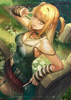 1girl absurdres amane_misa arm_warmers black_bra blonde_hair box_(hotpppink) bra bra_peek breasts cleavage collar cross cross_necklace death_note death_note_(object) frilled_skirt frills grave green_tank_top highres jewelry leaning_on_object looking_at_viewer medium_breasts miniskirt necklace plaid_clothes plaid_skirt red_skirt skirt skull_print smile solo tank_top tombstone two_side_up underwear v v_over_eye viewfinder yellow_eyes