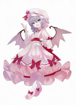 1girl absurdres bat_wings blush bobby_socks bow brooch collared_shirt fang frilled_hat frilled_skirt frills gem hat highres jewelry ktgrtos mob_cap open_mouth pink_shirt purple_hair red_bow red_eyes red_gemstone red_ribbon remilia_scarlet ribbon shirt short_hair simple_background skin_fang skirt smile socks solo touhou variant_set waist_ribbon white_background white_hat white_socks wings