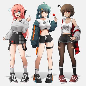 3girls :d :p absurdres adidas ahoge amia_(jestami) aria_(jestami) arm_at_side arm_behind_back ayana_(jestami) bandaid bandaid_on_face black_bow black_bra black_choker black_pantyhose black_shoes black_shorts black_skirt black_socks blue_eyes blunt_bangs bow bra bra_strap braid breasts brown_hair candy choker cleavage coat commentary converse crop_top cross cross_hair_ornament cross_necklace dark-skinned_female dark_skin dolphin_shorts english_commentary flying_sweatdrops food frown full_body green_coat green_hair grey_background grey_jacket grey_skirt grey_sweater hair_bow hair_intakes hair_ornament hand_on_own_hip hand_up head_tilt highres holding holding_candy holding_food holding_lollipop jacket jestami jewelry large_breasts lollipop long_hair loose_hair_strand low_ponytail medium_breasts medium_hair multiple_girls navel necklace nervous one_eye_closed open_clothes open_coat open_jacket open_mouth orange_eyes original pantyhose pink_hair plaid_clothes plaid_skirt pleated_skirt ponytail print_shirt red_eyes red_shoes ribbed_sweater shirt shoes short_hair shorts sidelocks single_horizontal_stripe single_off_shoulder skirt small_breasts smile smug sneakers socks standing star_(symbol) star_hair_ornament stomach sweater sweater_tucked_in tank_top thigh_strap tomboy tongue tongue_out torn_clothes torn_pantyhose underwear v white_shirt white_socks