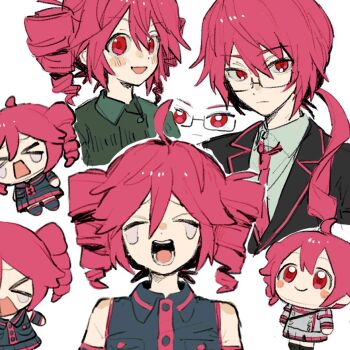 1boy 1girl crying detached_sleeves drill_hair formal_clothes glasses grey_jacket grey_skirt itomaki_(itoma_11010) jacket kasane_ted kasane_teto kasane_teto_(sv) kasane_teto_(utau) kasane_teto_(voicepeak) open_mouth red_eyes red_hair skirt suit synthesizer_v twin_drills utau voicepeak